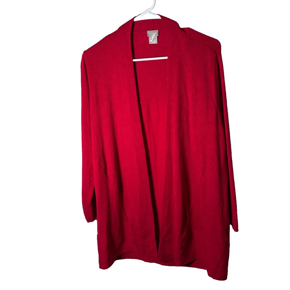 Chico's Cardigan Sweater Women's 2 Large Red Ribbed Open Knit Casual